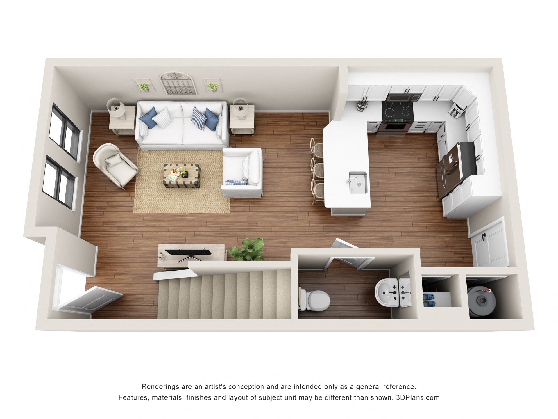 Floor plan for 1 bed, 1.5 baths, 1061 sqft